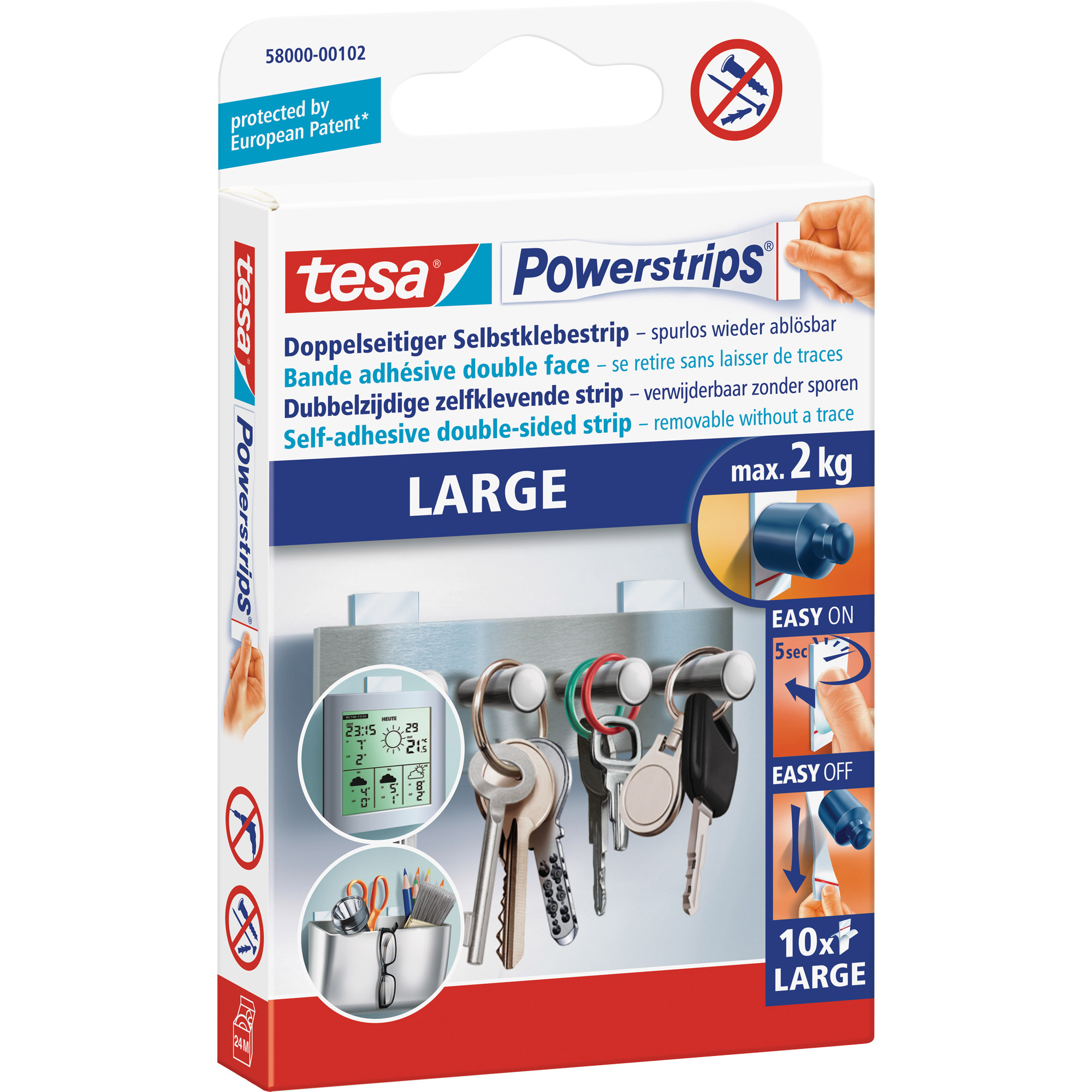 tesa Powerstrips large, 10er-Pack, für Objekte bis zu zwei Kilogramm Gewicht