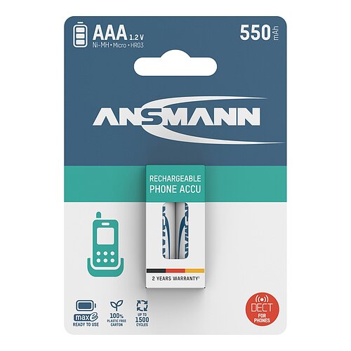 Ansmann NiMH AAA Micro 550mAh HR03 Akku für DECT Telefon - 2er Verpackung Ansmann NiMH AAA Micro 550mAh HR03 Akku für DECT Telefon - 2er Verpackung