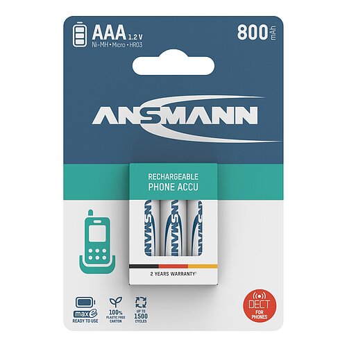 Ansmann NiMH AAA Micro 800mAh HR03 Akku für DECT Telefon - 3er Verpackung