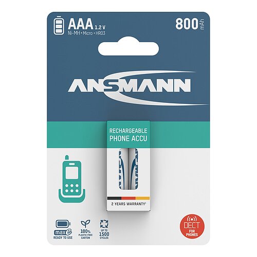 Ansmann NiMH AAA Micro 800mAh HR03 Akku für DECT Telefon - 2er Verpackung