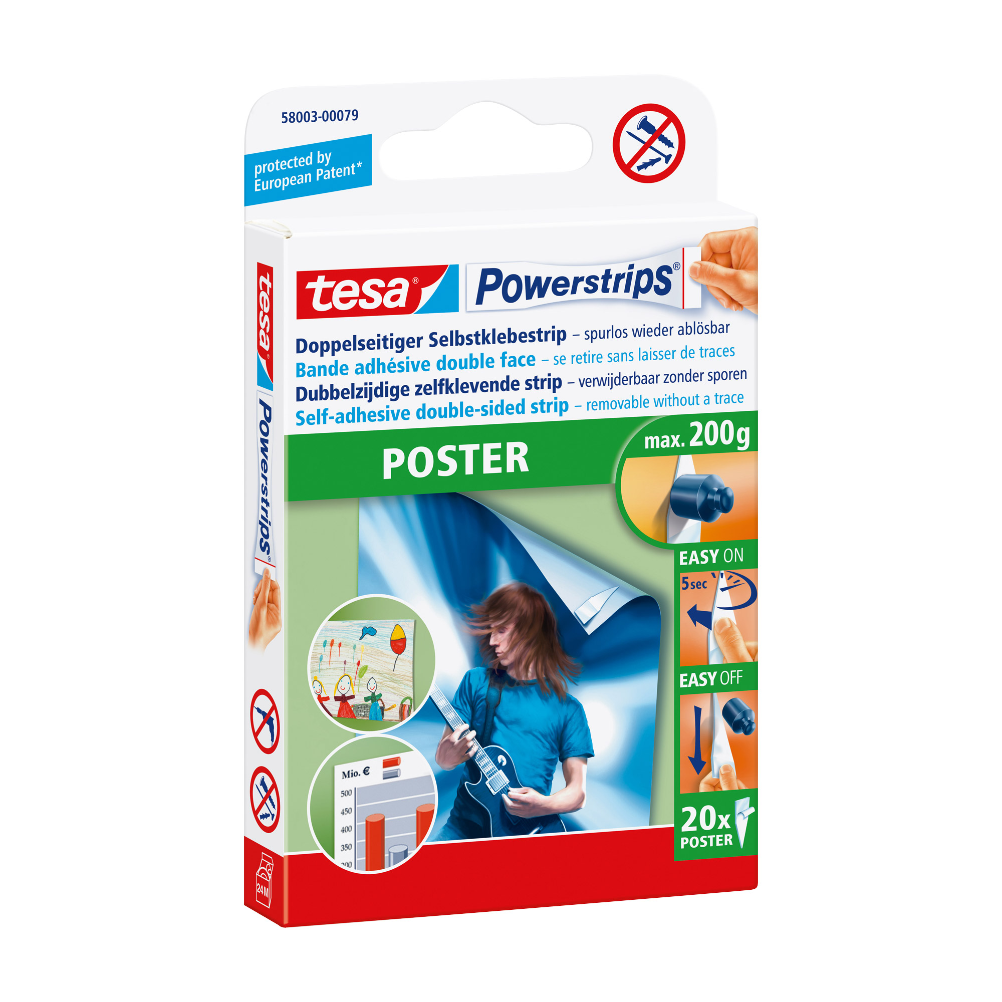 tesa Powerstrips-Posterklebestreifen, 20er-Pack, für Objekte bis zu 200 Gramm