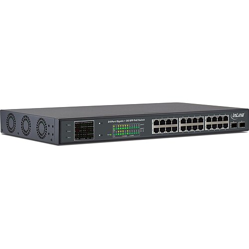 Inline® PoE+ Gigabit Netzwerk Switch 24 Port, 1Gb/s, 2xSFP,19"1HE (inkl. Winkel)