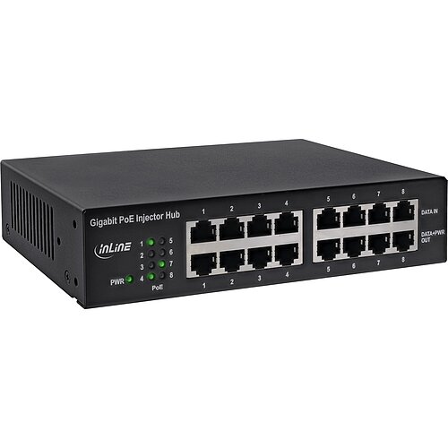 Inline® PoE+ Gigabit Injektor Hub 8 Port (8x PoE+), 1Gb/s, 19" 1HE, Lüfterlos