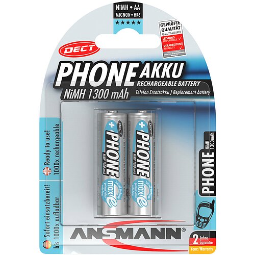 Ansmann NiMH AA Mignon 1300mAh HR6 Akku für DECT Telefon - 2er Verpackung