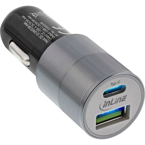 Inline® USB KFZ Stromadapter Quick Charge 3.0, 12/24VDC zu 5V DC/3A, USB-A+USB-C