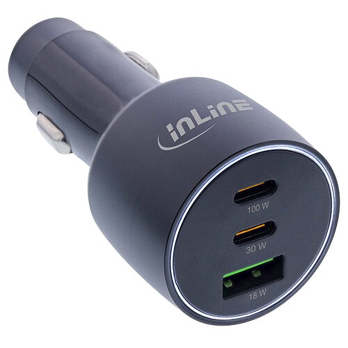 Inline® USB KFZ Stromadapter Power Delivery, 2x USB-C + QC 3.0 USB-A, schwarz