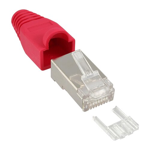 10er Pack Inline® Crimpst. RJ45 gesch., mit Knickschutz & Einfädelhilfe, rot