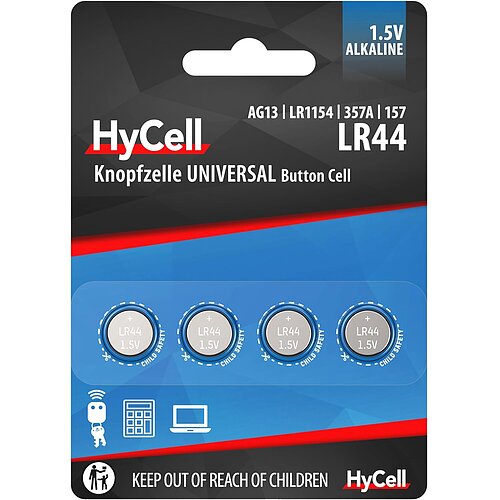 Hycell V13GA LR44 LR1154 357 1.5V Alkaline Knopfzelle - 4er Verpackung Hycell V13GA LR44 LR1154 357 1.5V Alkaline Knopfzelle - 4er Verpackung