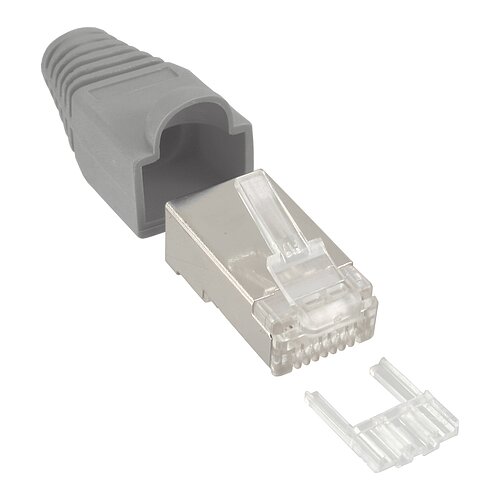 10er Pack Inline® Crimpst. RJ45 gesch., mit Knickschutz & Einfädelhilfe, grau